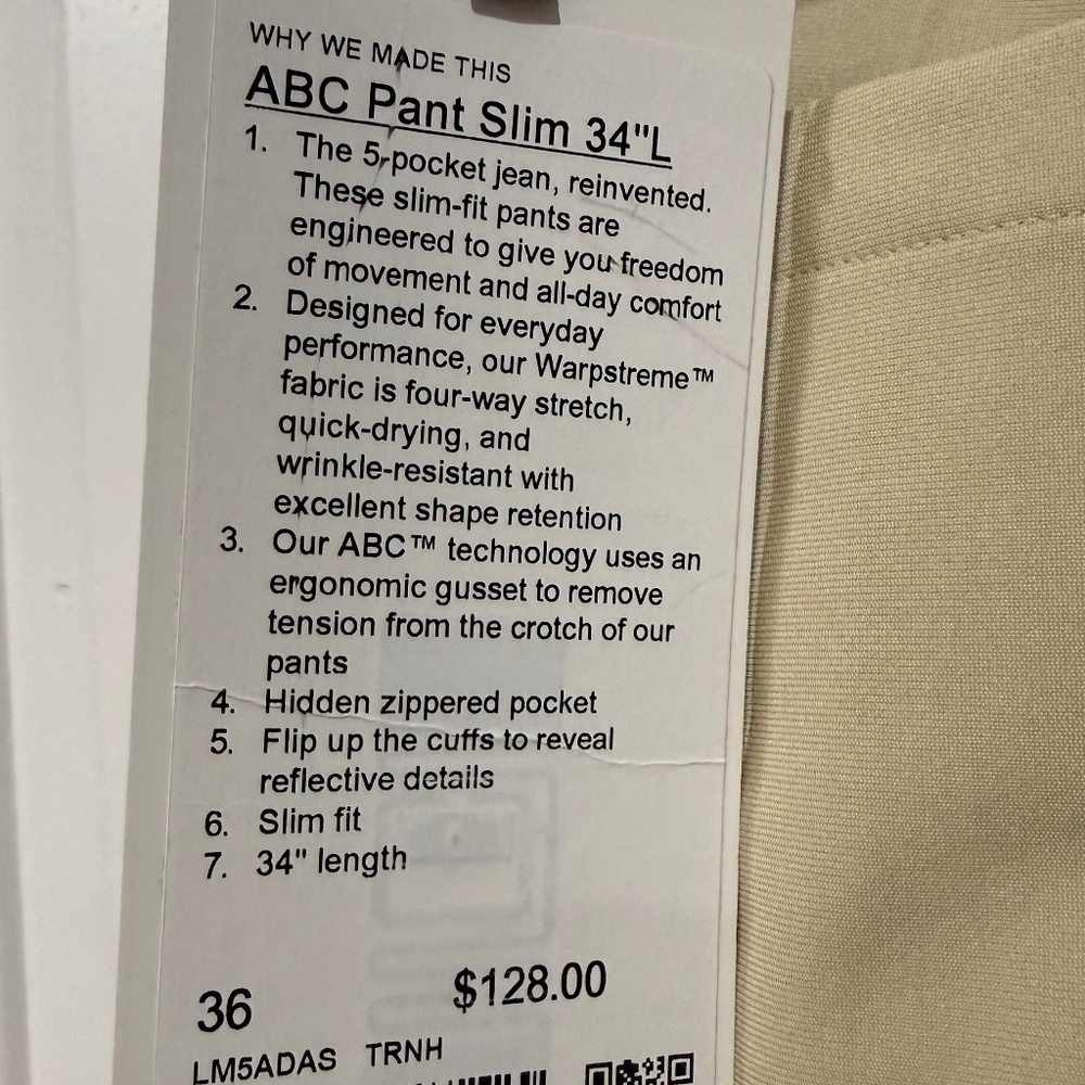 NWT MEN LULULEMON PANTS 36/34